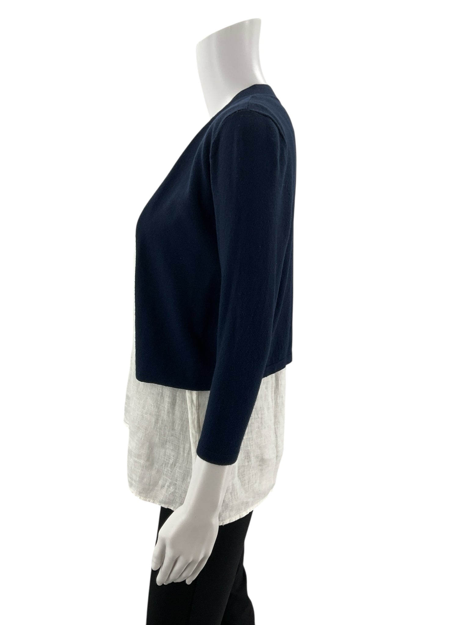 Pre-owned Ann Taylor navy cardigan for women, open front, layered design, size Petite XS, perfect for business casual wear.
