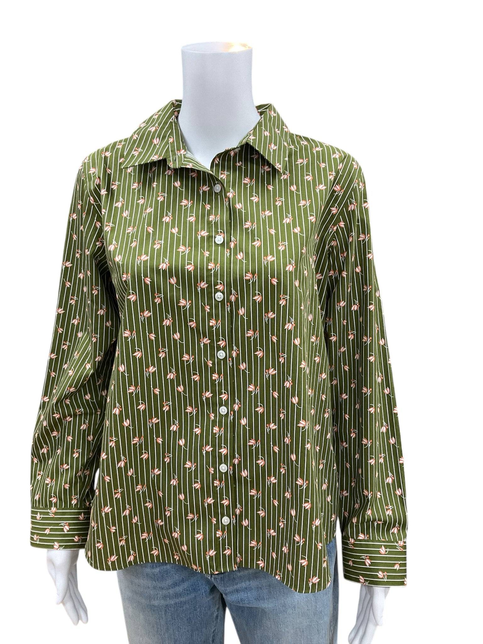 Front view of Lands End Top Size 10P in green with pink floral pattern and button-up design. Shop at Margaret's Fine Consignments.