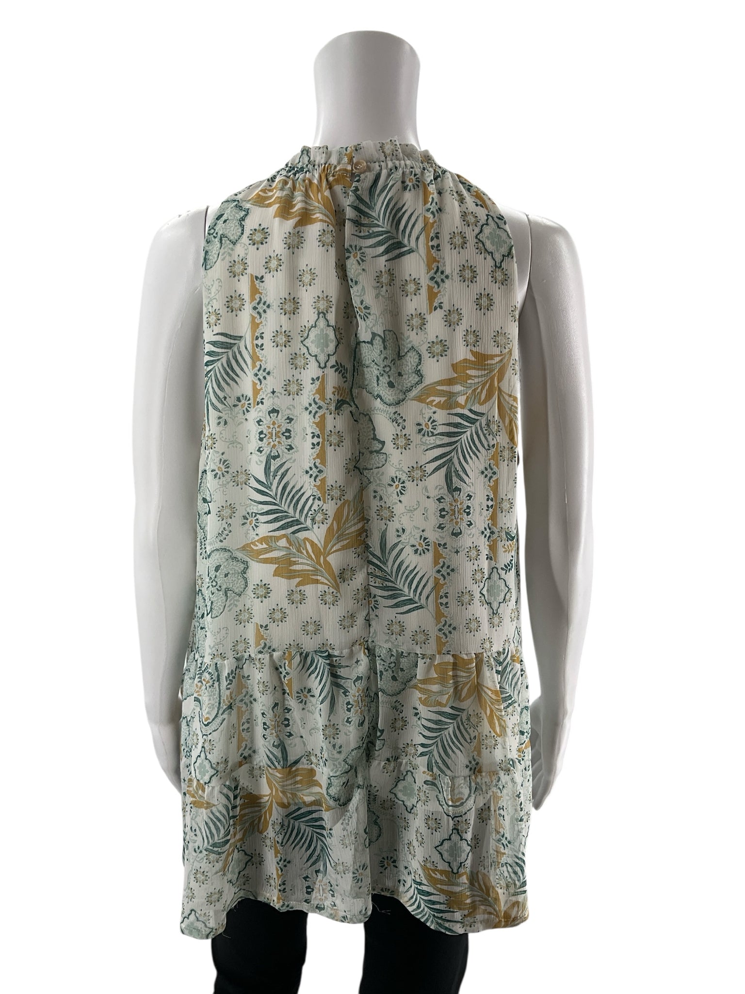 Teal and tan floral sleeveless tunic by Lily Star, featuring a tiered design and high neck, size large.