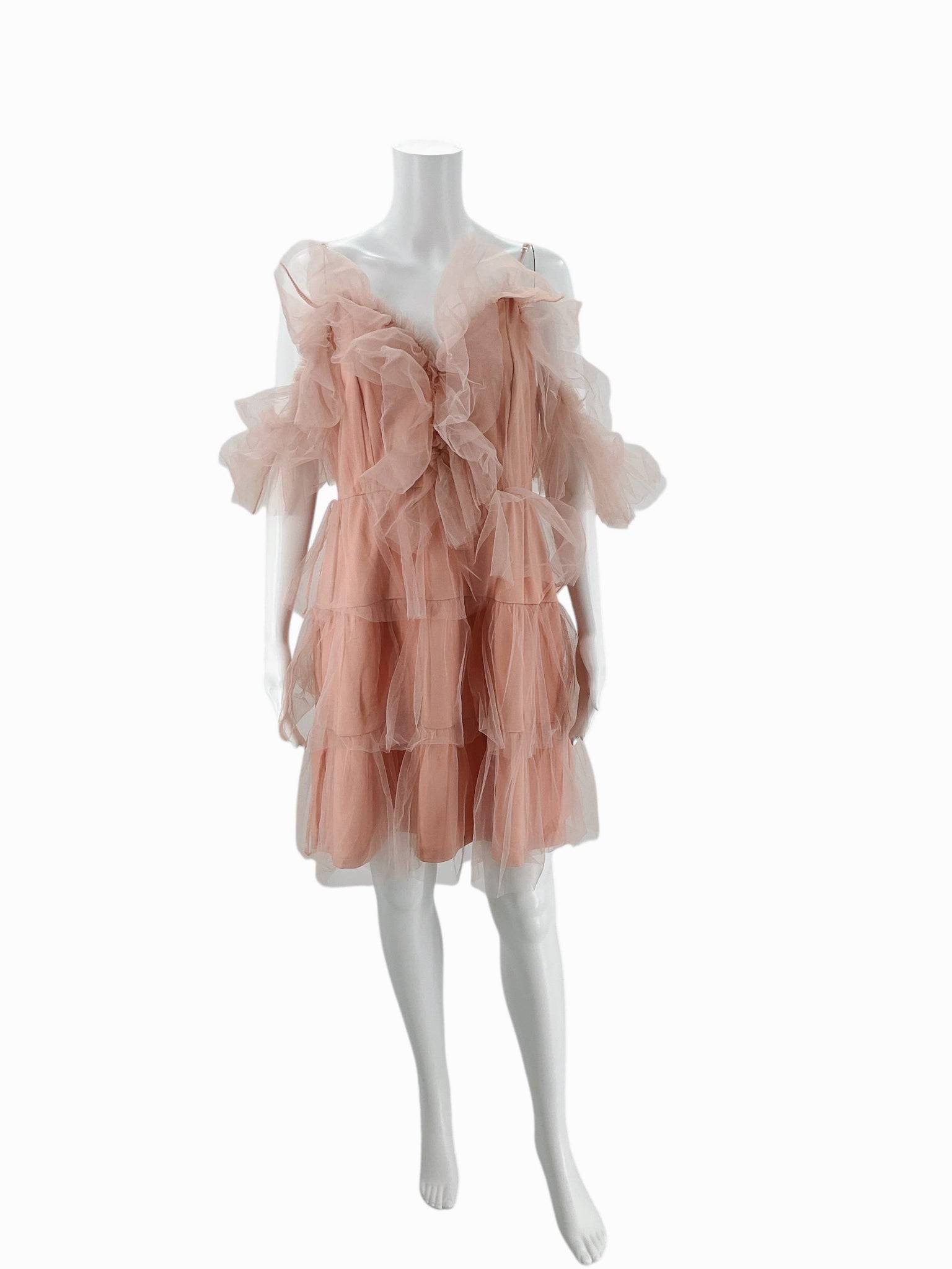 Front view of Simplee Dress Size Large in pink mesh with ruffle detailing, available at Margaret’s Fine Consignments. Elegant pre-loved fashion.