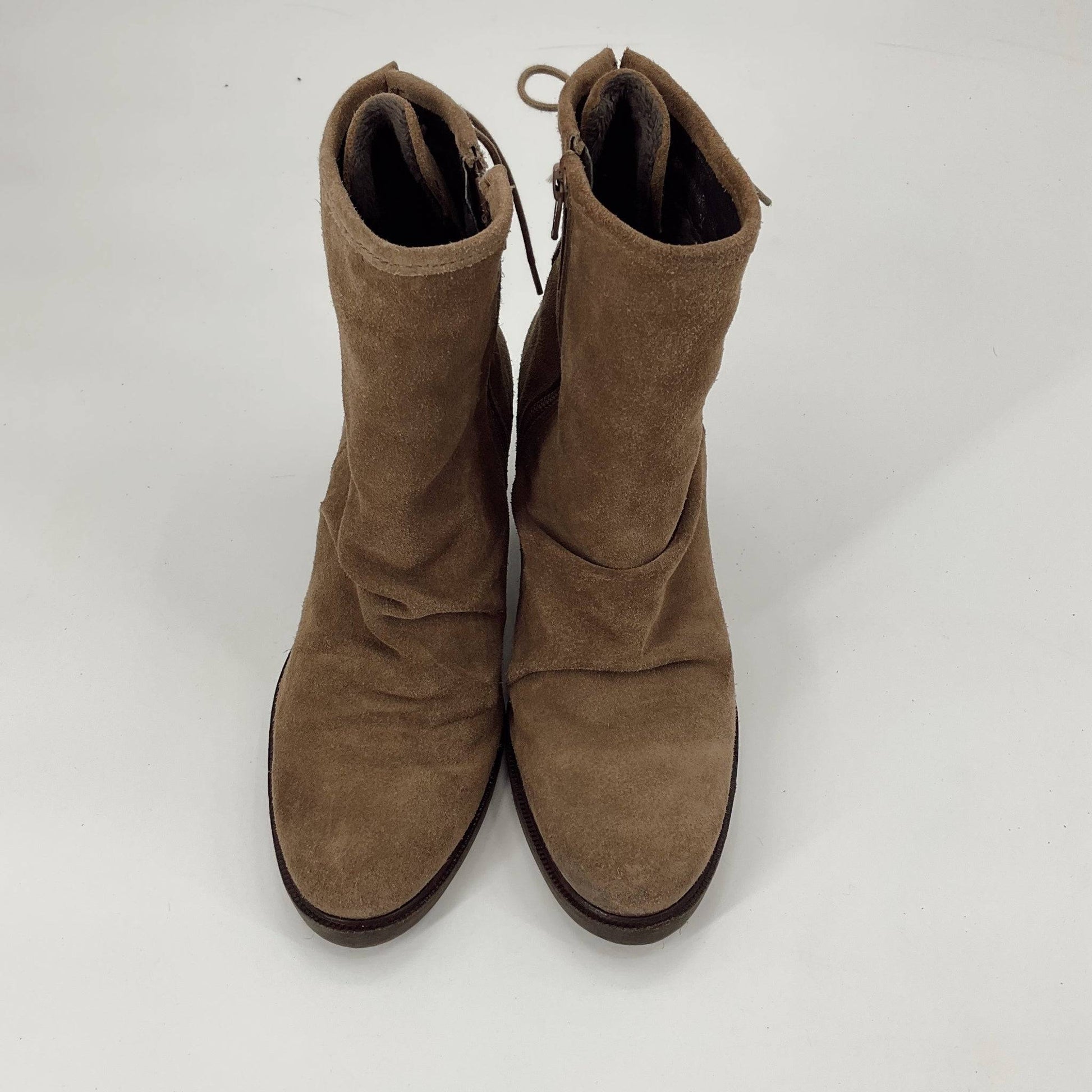 Top view of Boc Shoe Tan Suede Booties Size 9.5 showing rounded toe and ruched suede texture, sold by Margaret’s Fine Consignments.