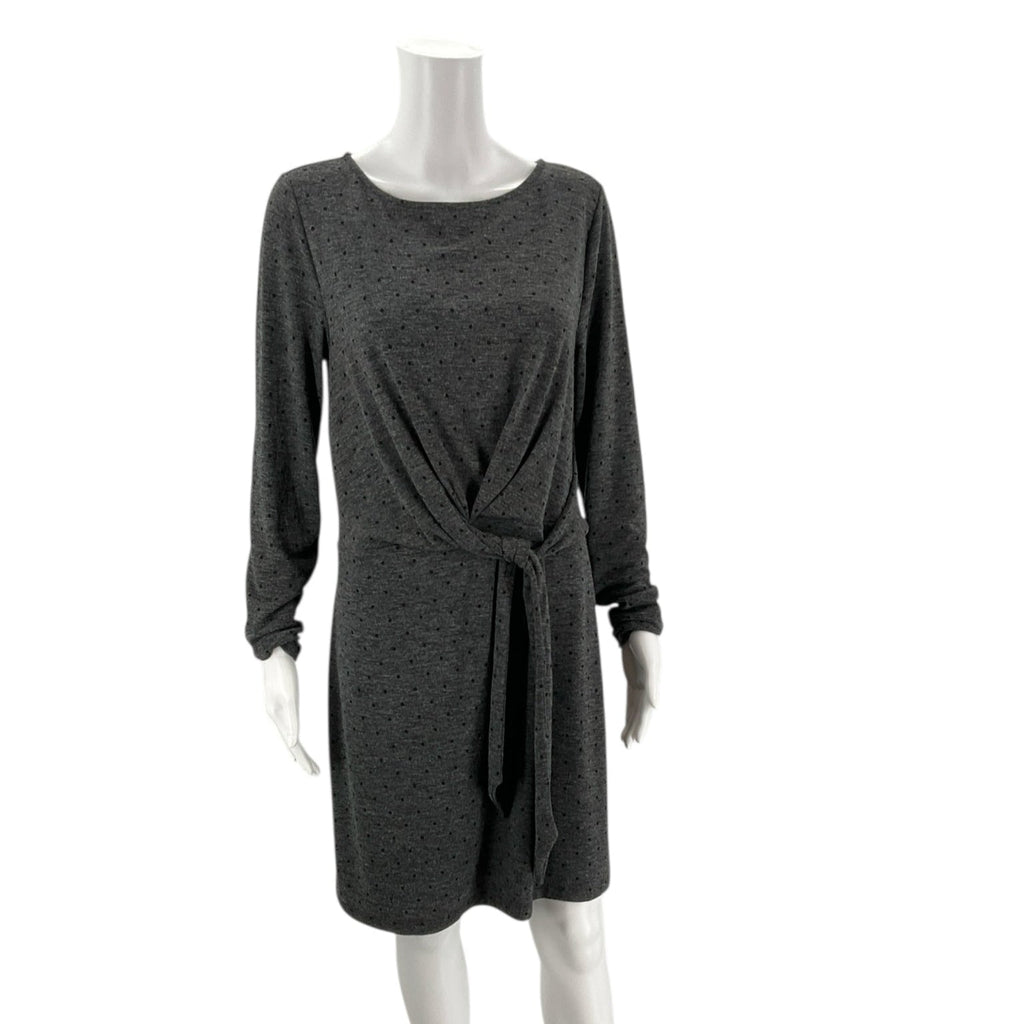 Loft Gray/Black Polka Dot Pre-Owned Dress - Size Medium displayed on mannequin, featuring front tie waist and subtle polka dot pattern.