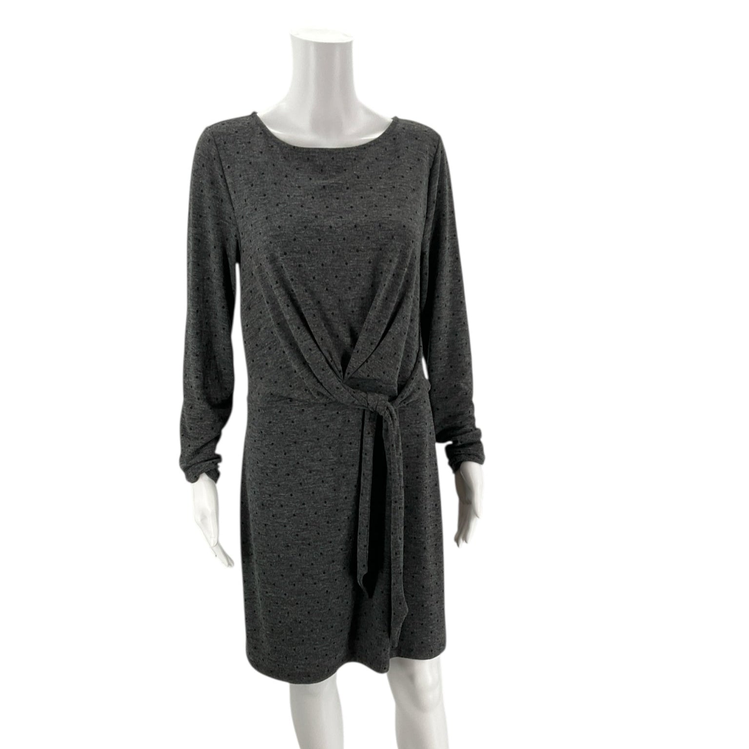 Loft Gray/Black Polka Dot Pre-Owned Dress - Size Medium displayed on mannequin, featuring front tie waist and subtle polka dot pattern.