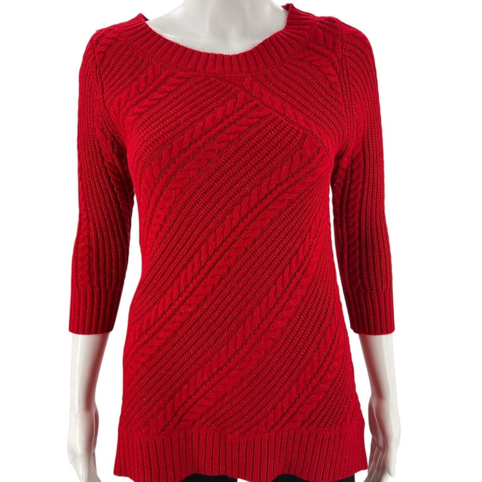 New York & Co red cable knit sweater top for women, size small, with 3/4 sleeves and diagonal ribbed pattern. Ideal for casual wear or layering.