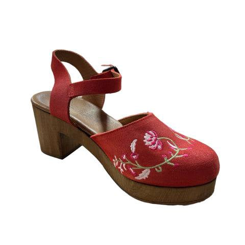 Eric Michael orange floral clogs in size 7/7.5 with wooden heel and ankle strap, available at Margaret's Consignments. Features embroidered pink flowers.