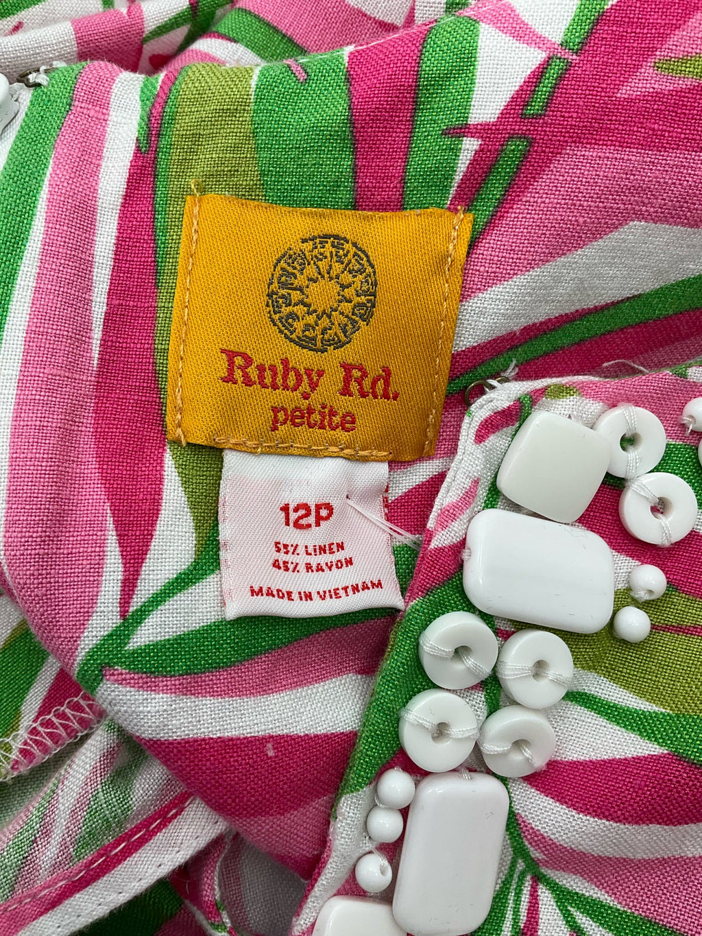 Ruby Rd Pink/White/Green Tropical Pre-Owned Ladies Dress - Size 12 Petite