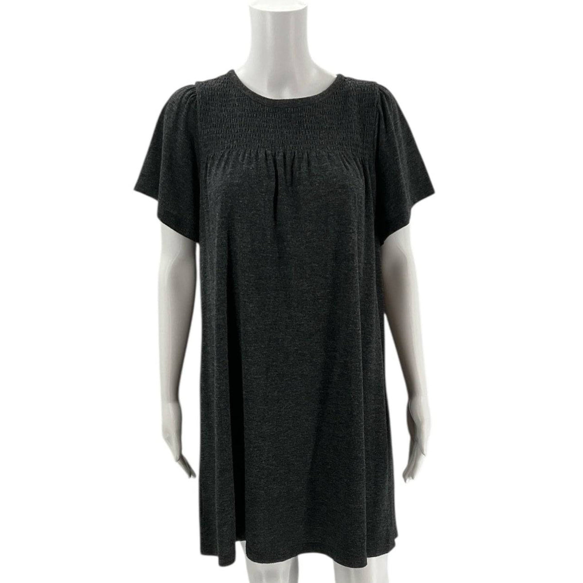 Loft Gray Solid Dress - Size Medium Petite with short sleeves and gathered neckline, displayed on mannequin front view at Margaret's Consignments.