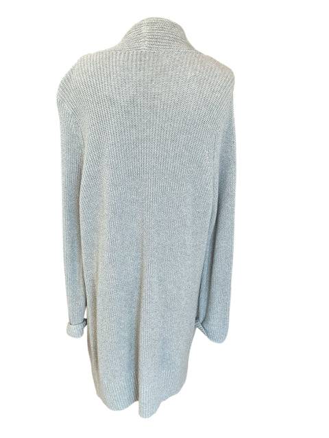 Back view of gray Cabi Shrug Size XL showing relaxed fit and knit texture. Ideal for casual or office wear from Margaret’s Fine Consignments.