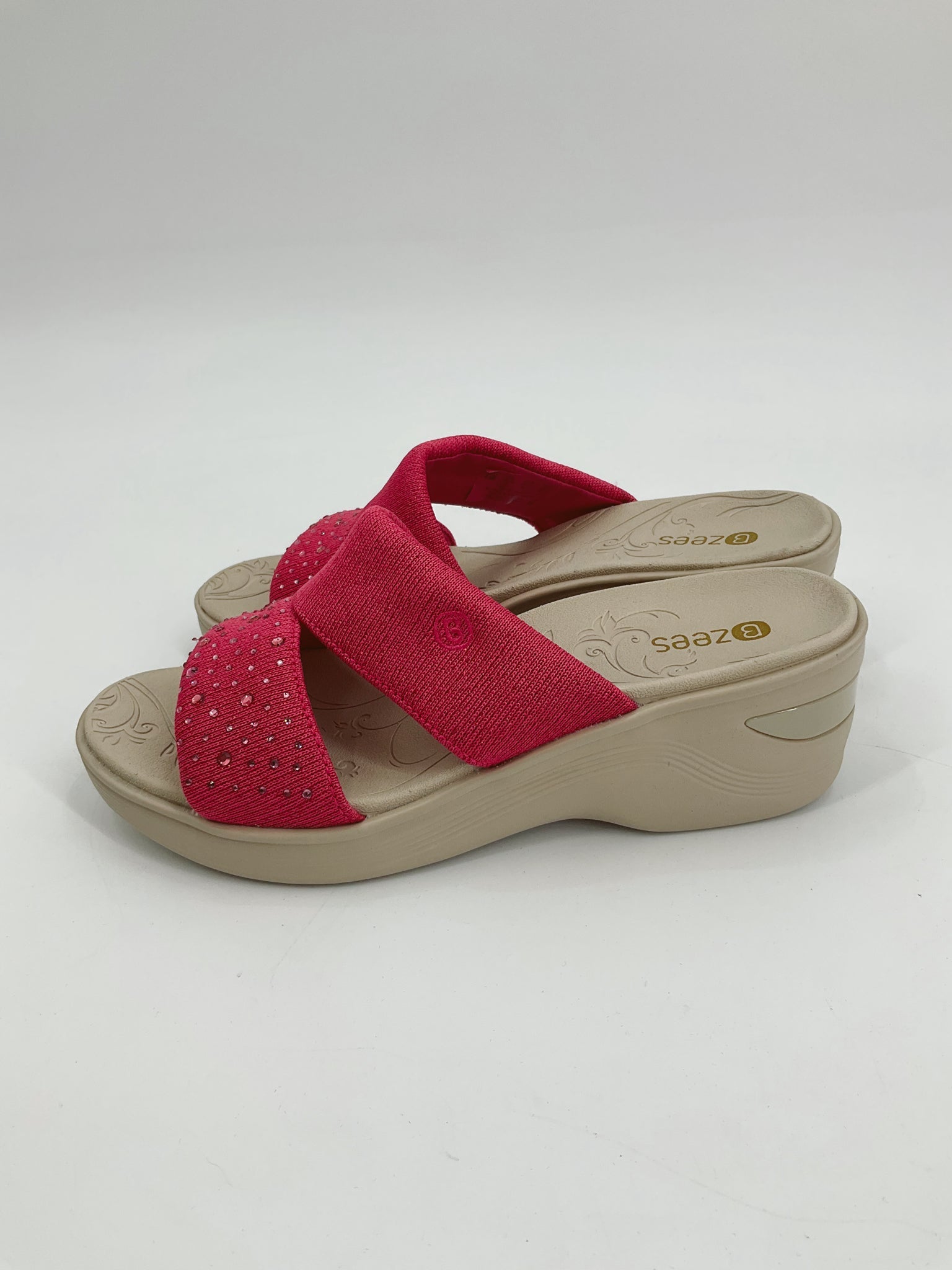 Bzees pink rhinestones wedge sandals for women, size 6.5, featuring a slip-on design and comfortable stretch material.