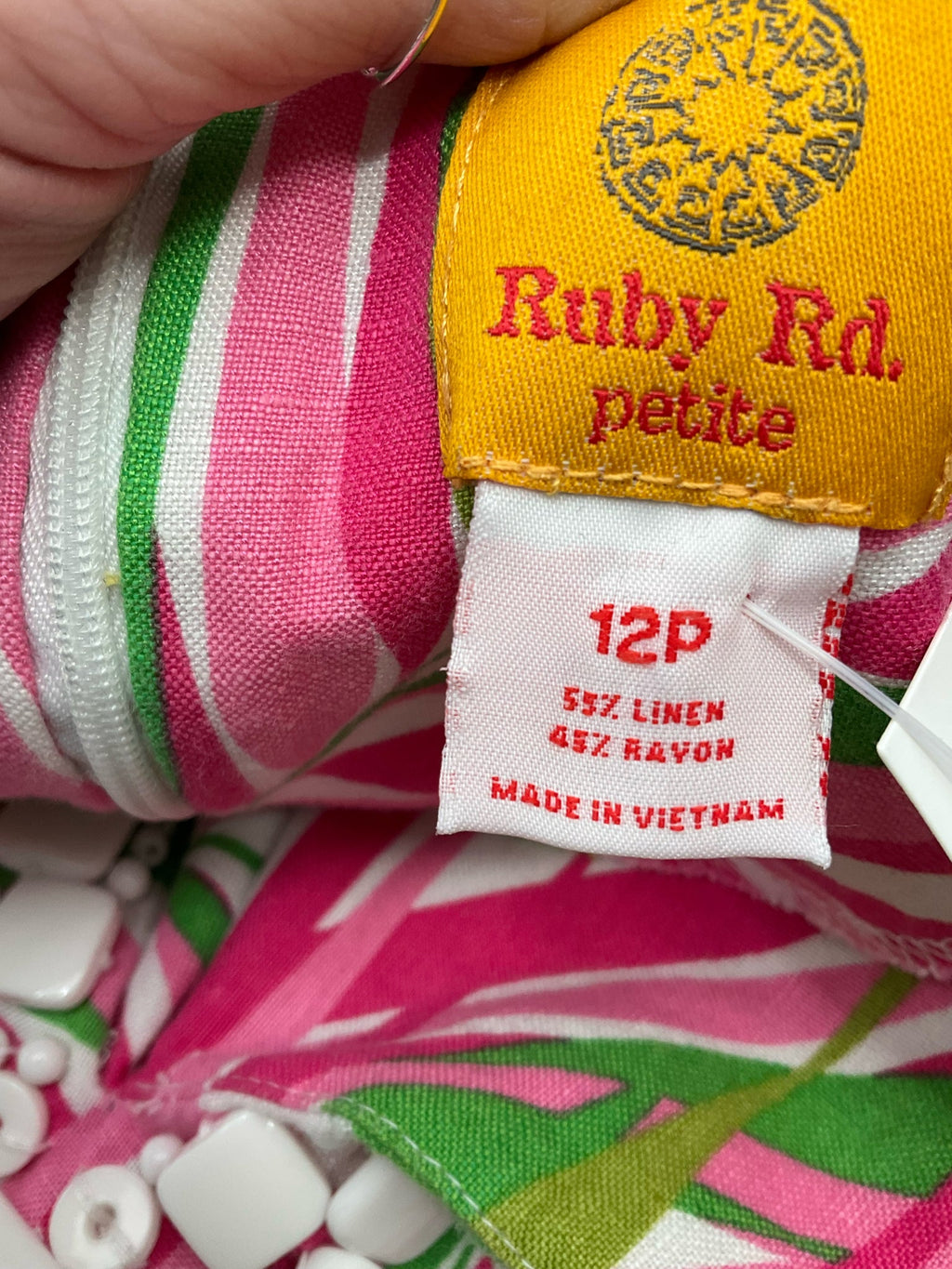 Ruby Rd Pink/White/Green Tropical Pre-Owned Ladies Dress - Size 12 Petite