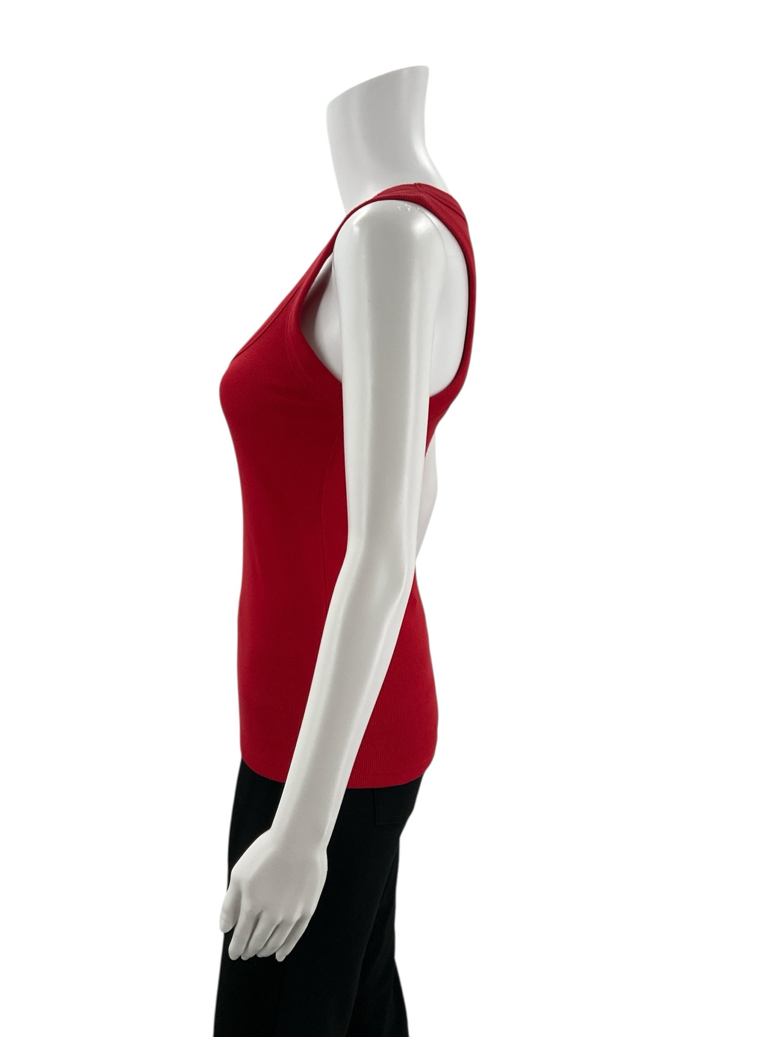 Side profile of Banana Republic red ribbed tank top, size XS, on mannequin. Highlights the slim fit and scoop neckline.