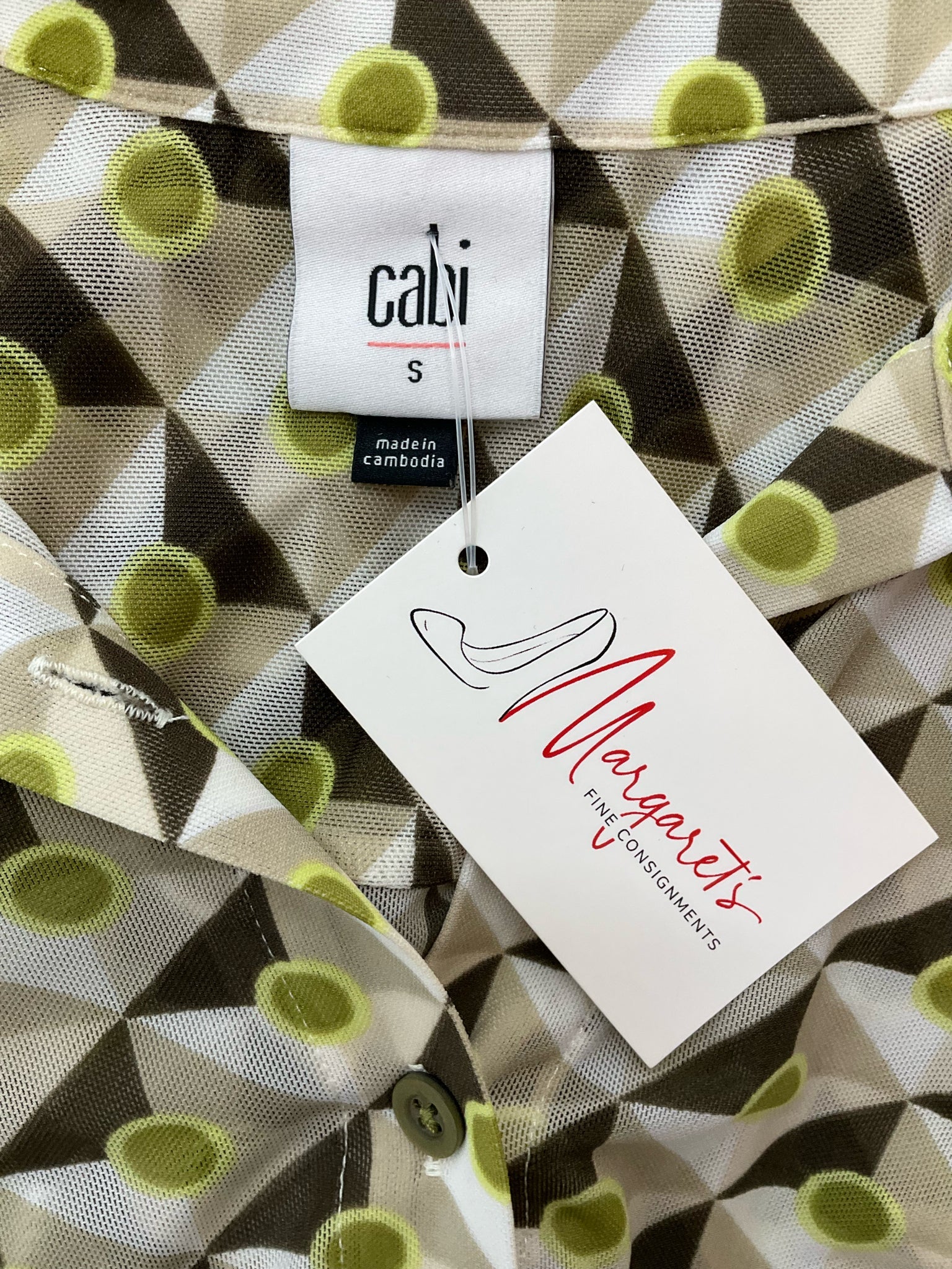 Cabi green and brown print button-down blouse, collared, long sleeve, size small for ladies.