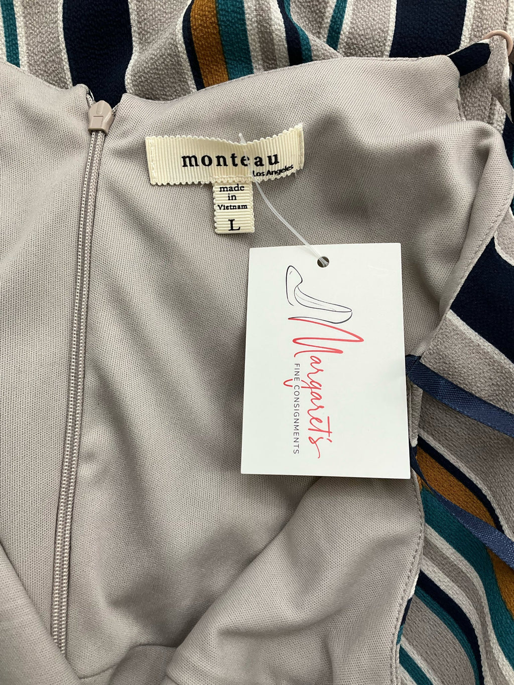 Monteau Gray/Navy/Mustard Stripe Pre-Owned Ladies Jumpsuit - Size Large