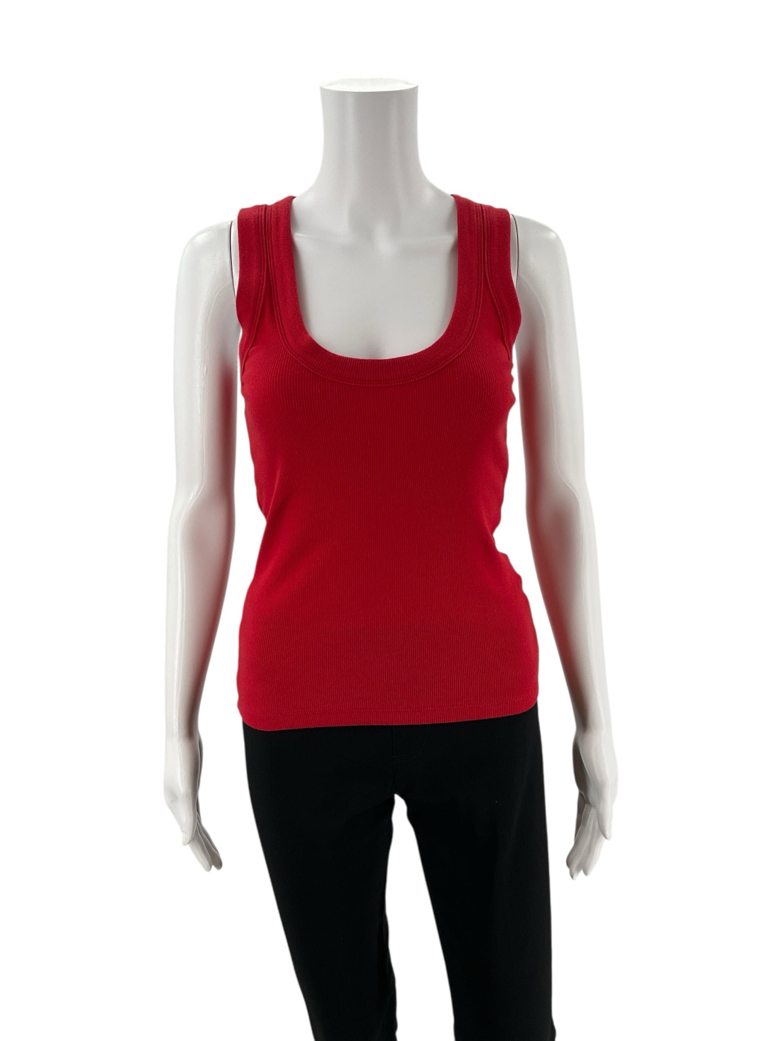 Front view of Banana Republic red ribbed tank top, size XS, displayed on mannequin. New with tags, ideal for casual or classic outfits.