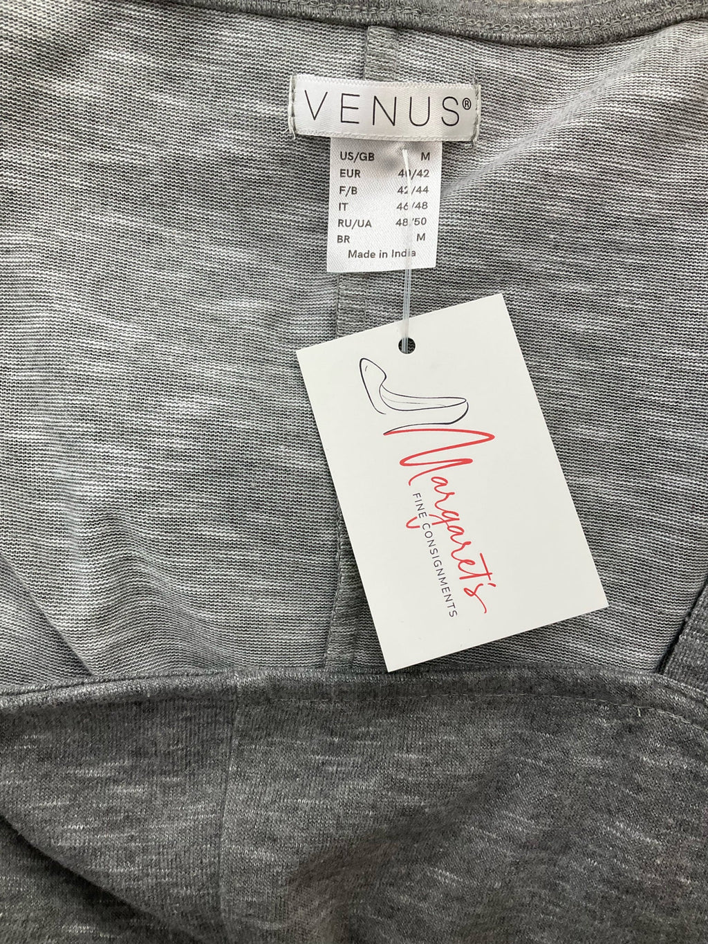 Gray heathered Venus cold shoulder tunic top for women, casual long sleeves, size medium, displayed on a hanger.