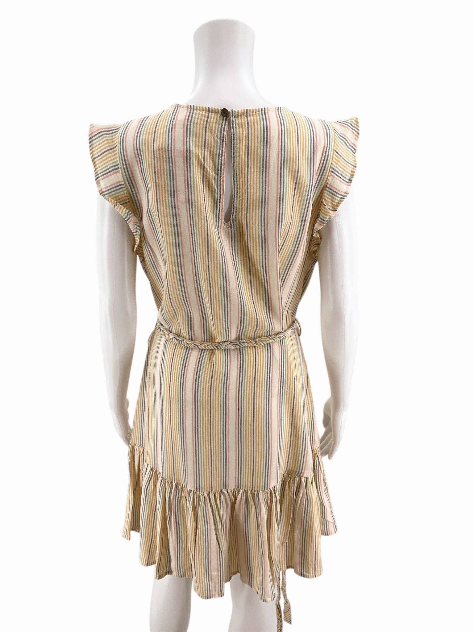 Back view of Marine Layer Multi Stripe Size Medium dress with keyhole closure and ruffle hem, offered at Margaret’s Fine Consignments.