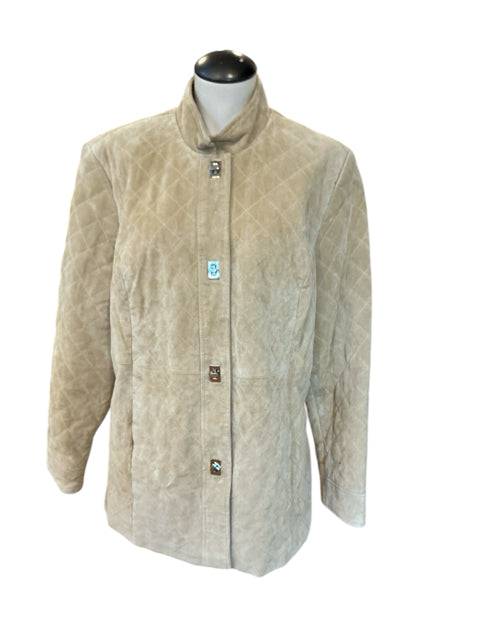 Terry Lewis Leather Jacket Size Large in tan with quilted pattern and front button closure, available at Margaret’s Fine Consignments.