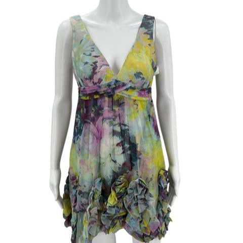Front view of BCBG Blue/Yellow/Purple Dress Size 2 with floral pattern and ruffle trim, sold at Margaret’s Fine Consignments.