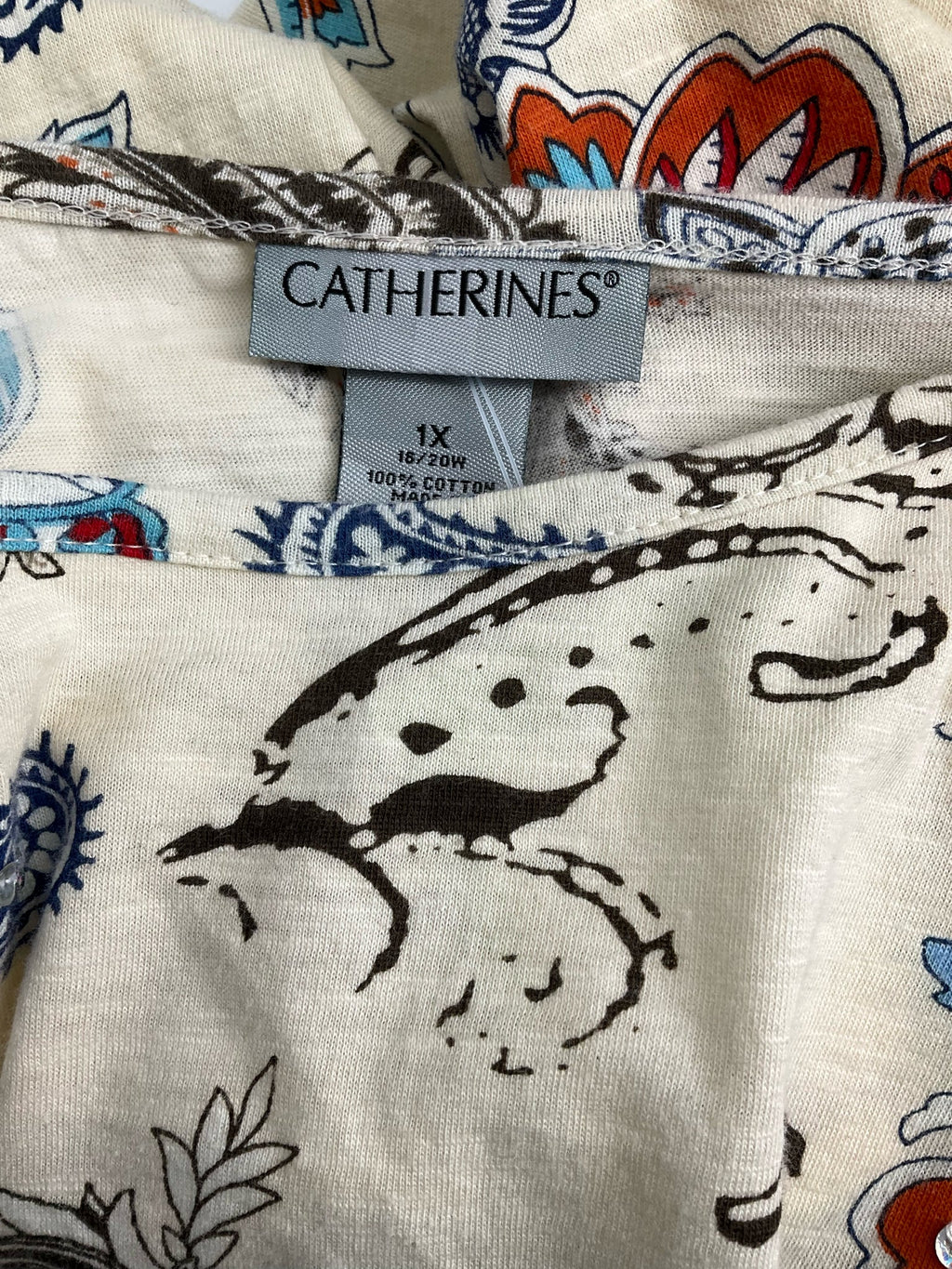 Catherines Cream/Blue/orange Print Pre-Owned Casual Top -  Size 1X