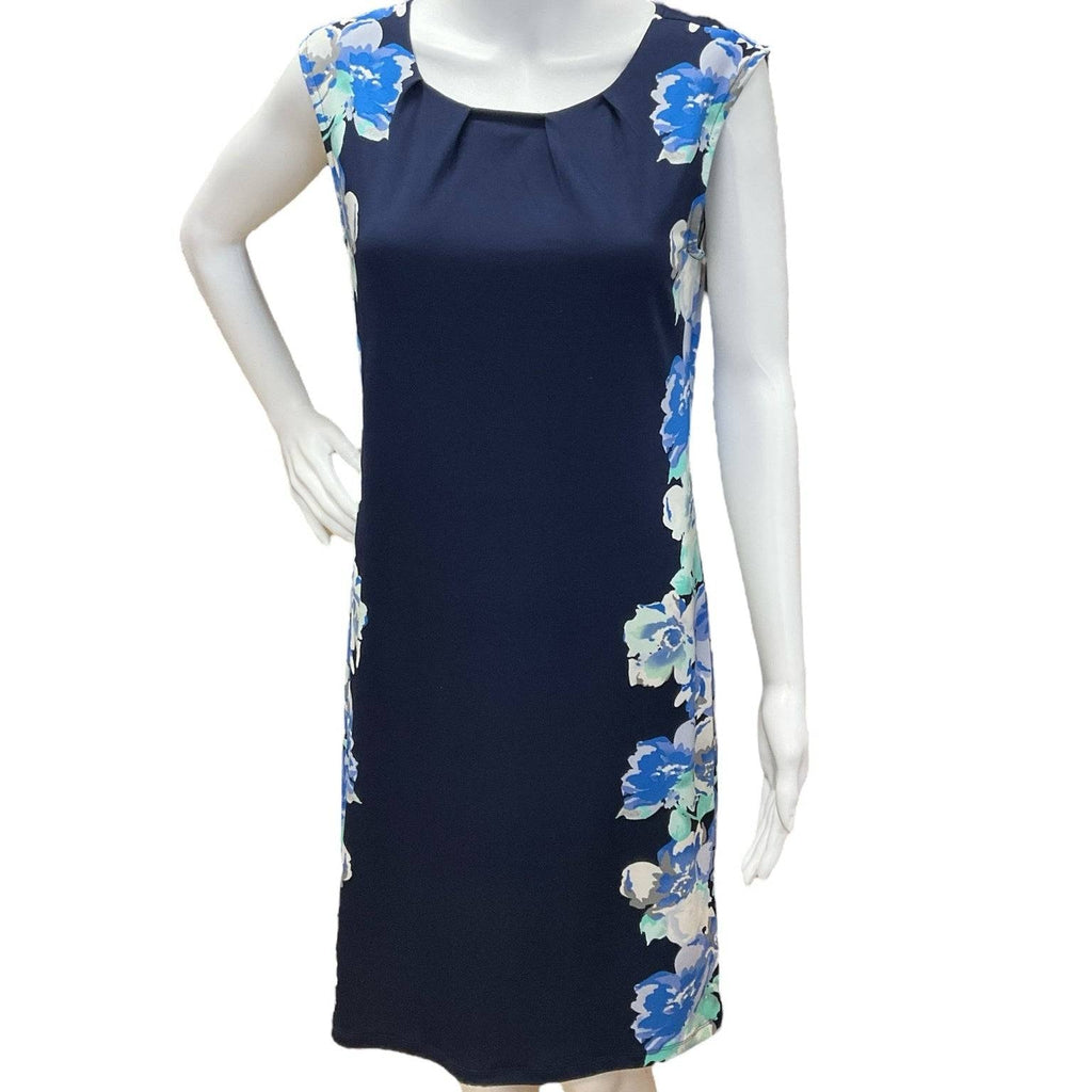 Front view of Apt.9 Dress Size XS in navy with floral print sides, sleeveless design available at Margaret’s Fine Consignments.