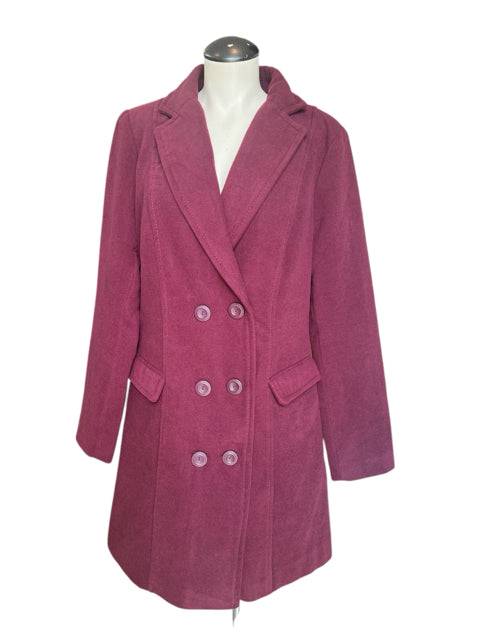 Flame Coat Size XL in maroon with double-breasted button design, available at Margaret's Fine Consignments. Elegant solid outerwear for women.