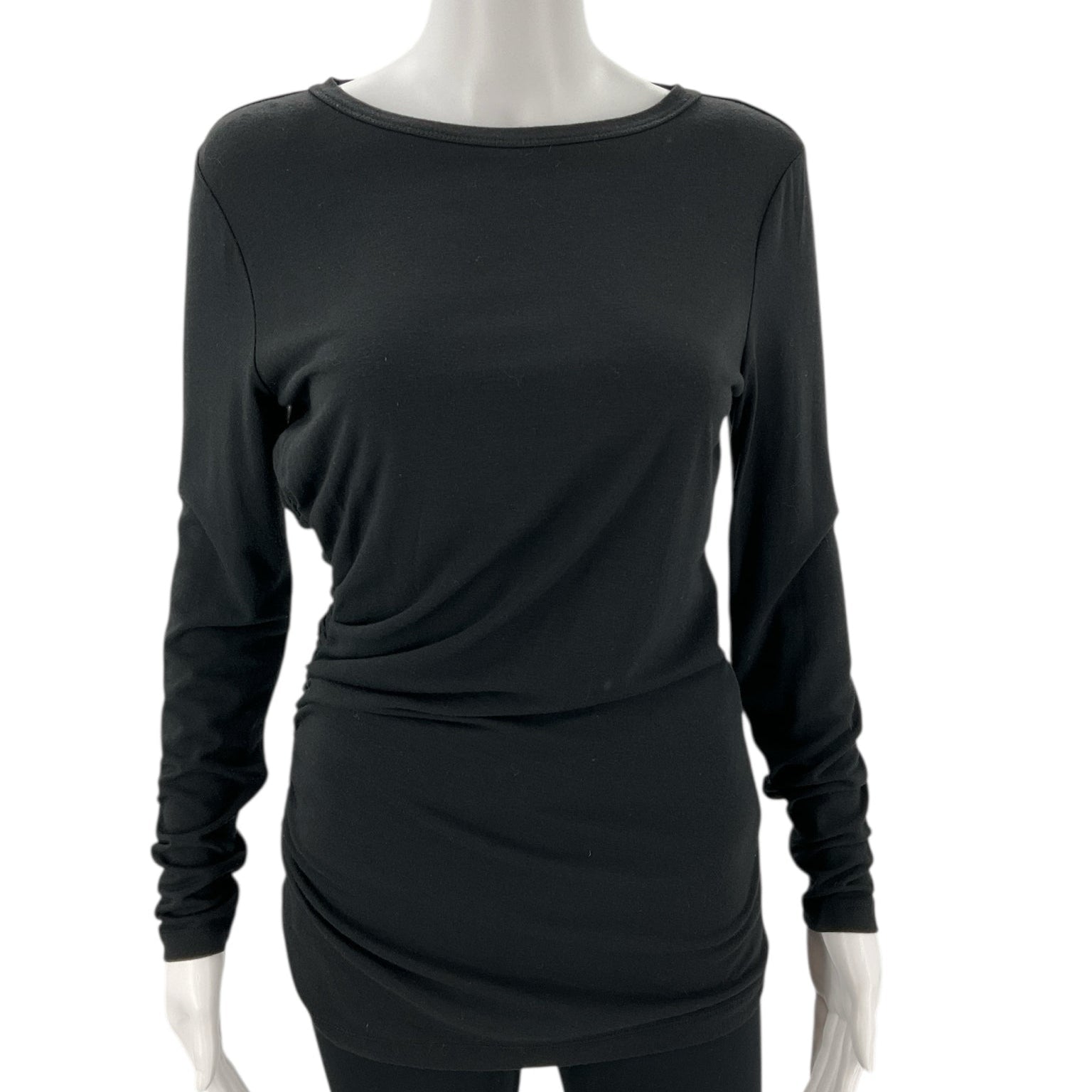 Front view of Ann Taylor Black Solid Pre-Owned Top - Size Small on mannequin, showcasing its sleek, minimalist design and long sleeves.