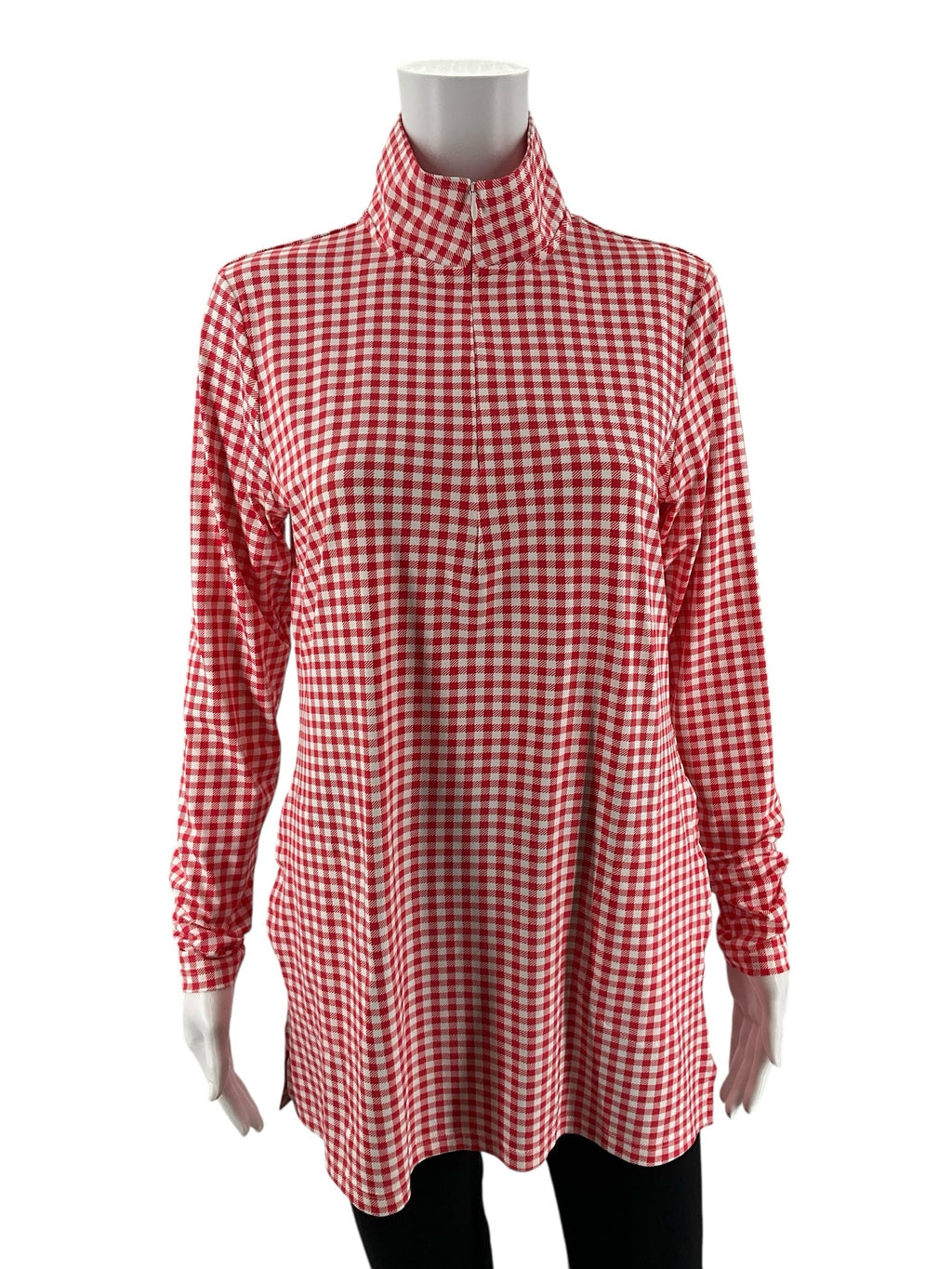 Lands' End white and red checkered pullover tunic with half-zip and mock neck, size small for ladies.