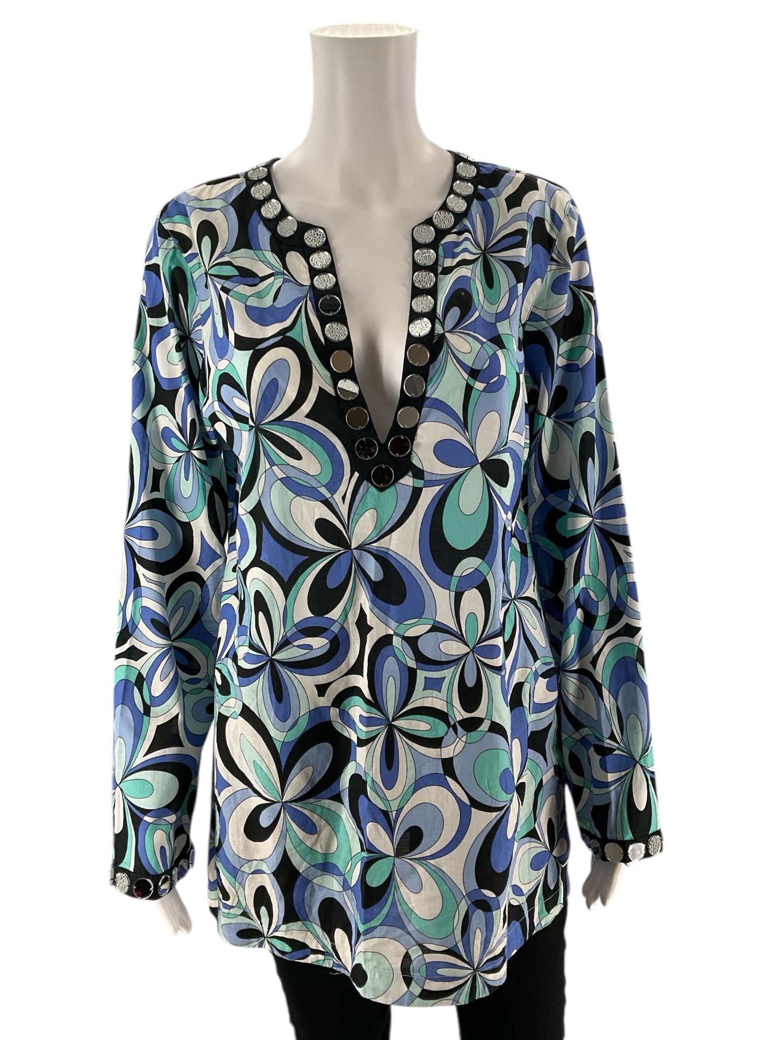 MK - White/Blue Floral Pre-Owned Ladies Casual Top - Size Medium