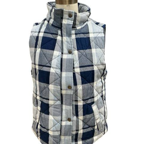 Close-up of Staccato Blue/White Plaid Vest Size Small with snap buttons and high collar, perfect for stylish layering. Shop at Margaret’s Fine Consignments.