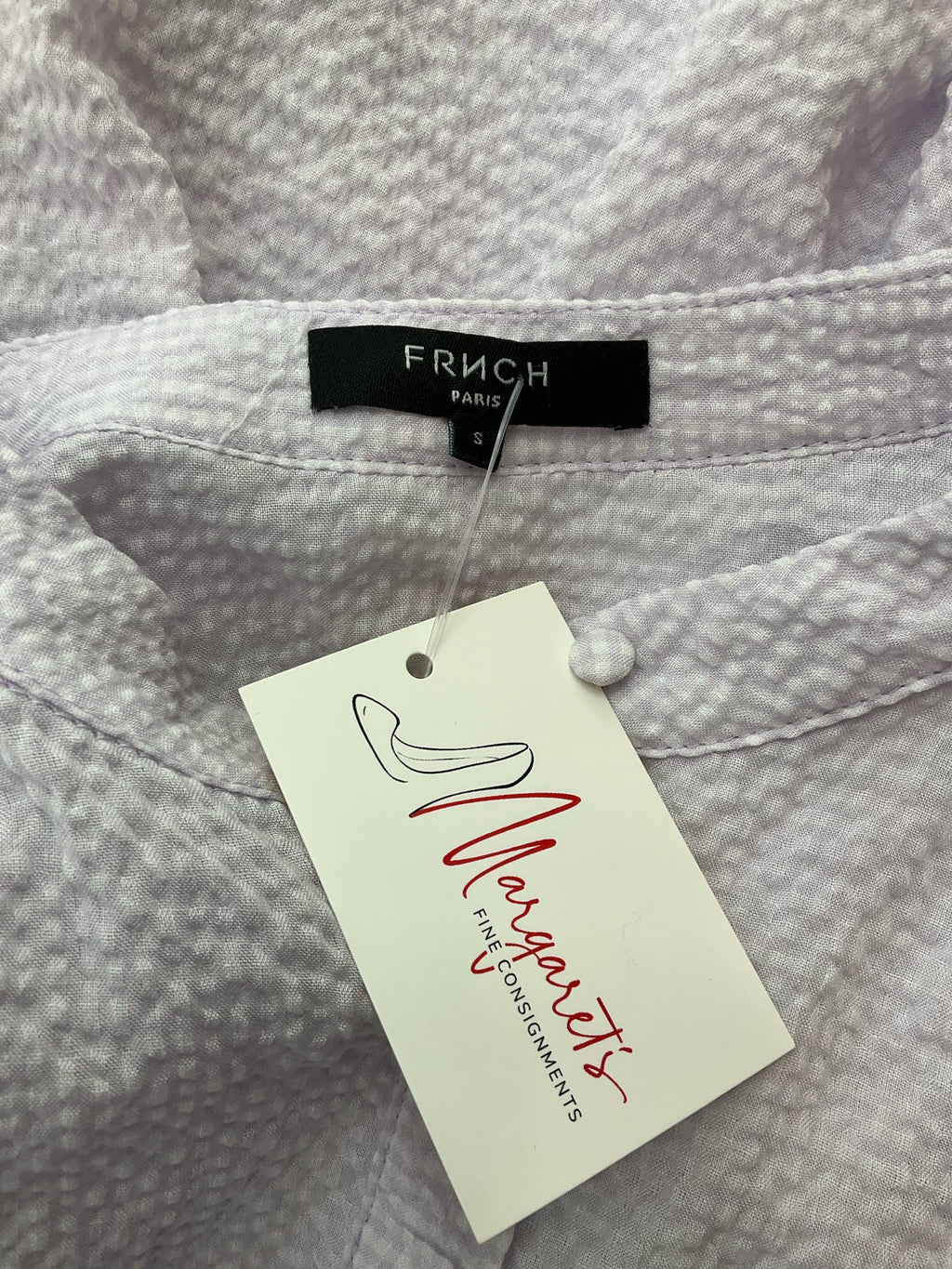 Pre-owned FRNCH ladies top in French lavender, featuring a textured design, size small, perfect for casual boho style.