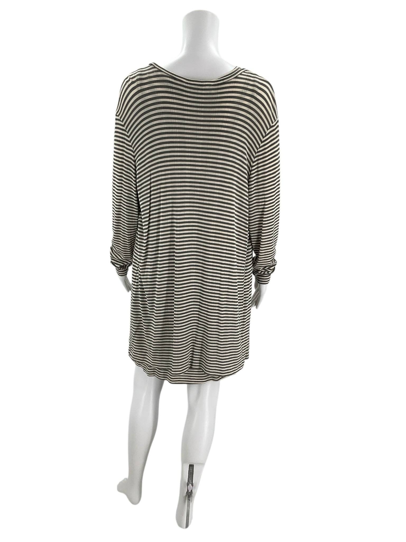 Back view of ISDA & CO striped dress in cream and black, size small, showcasing relaxed silhouette at Margaret's Fine Consignments.