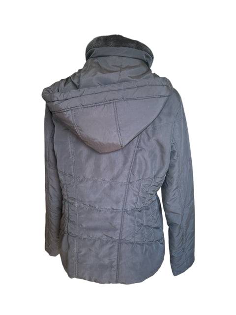 Back view of New York & Co black medium jacket featuring a hood and quilted stitching, sold by Margaret's Fine Consignments.