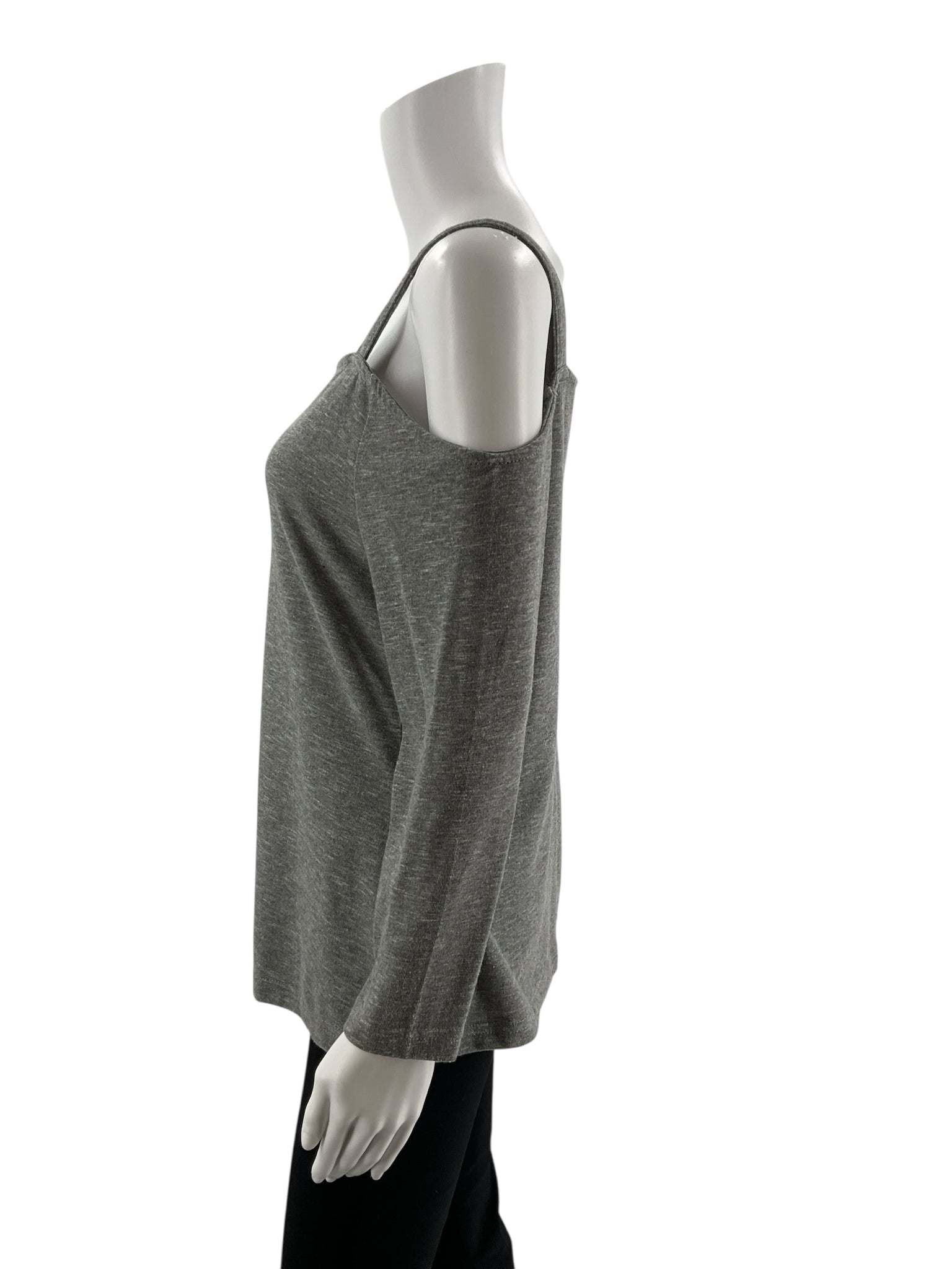 Gray heathered Venus cold shoulder tunic top in size medium with long sleeves and a swing silhouette.