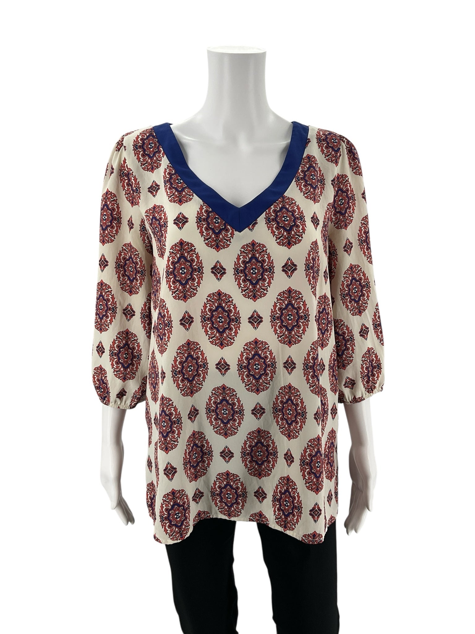 Willy Jays Orange/Blue Print Pre-Owned Ladies Top -  Size Large