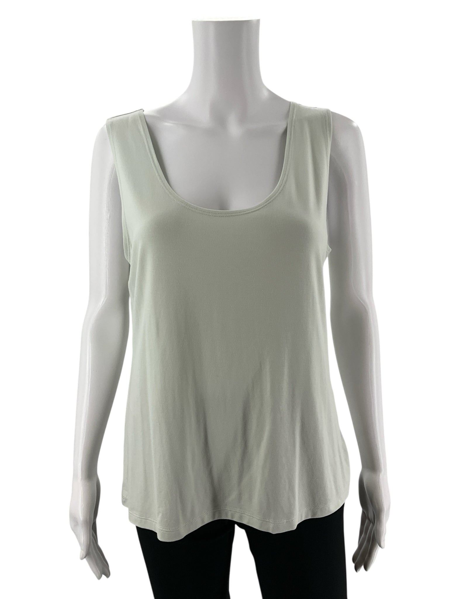 Mint green scoop neck tank top from Peruvian Connection, sleeveless A-line design, size large, pre-owned condition.
