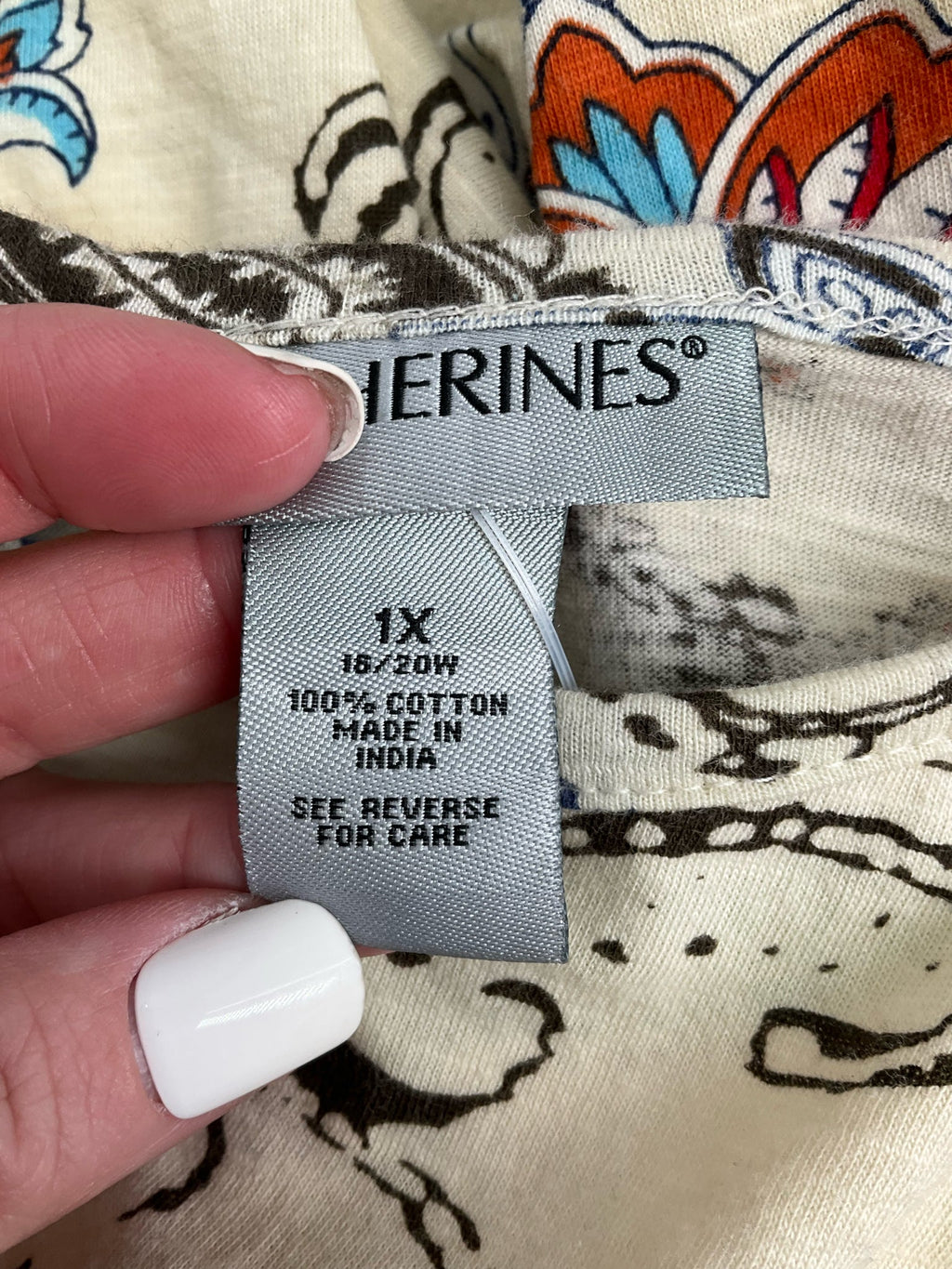 Catherines Cream/Blue/orange Print Pre-Owned Casual Top -  Size 1X