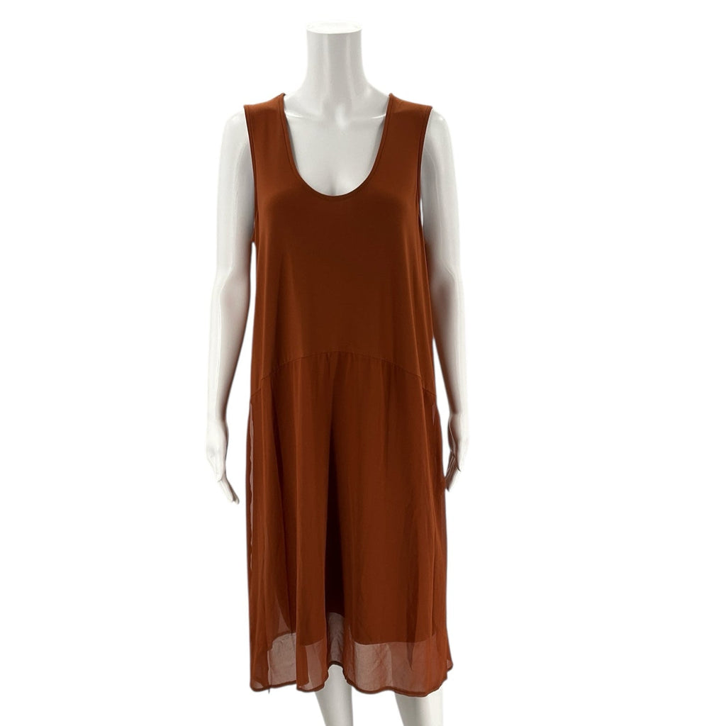Front view of DKNY Burnt Orange Pre-Owned Dress - Size XL on mannequin, showcasing sleeveless design and flowy silhouette.