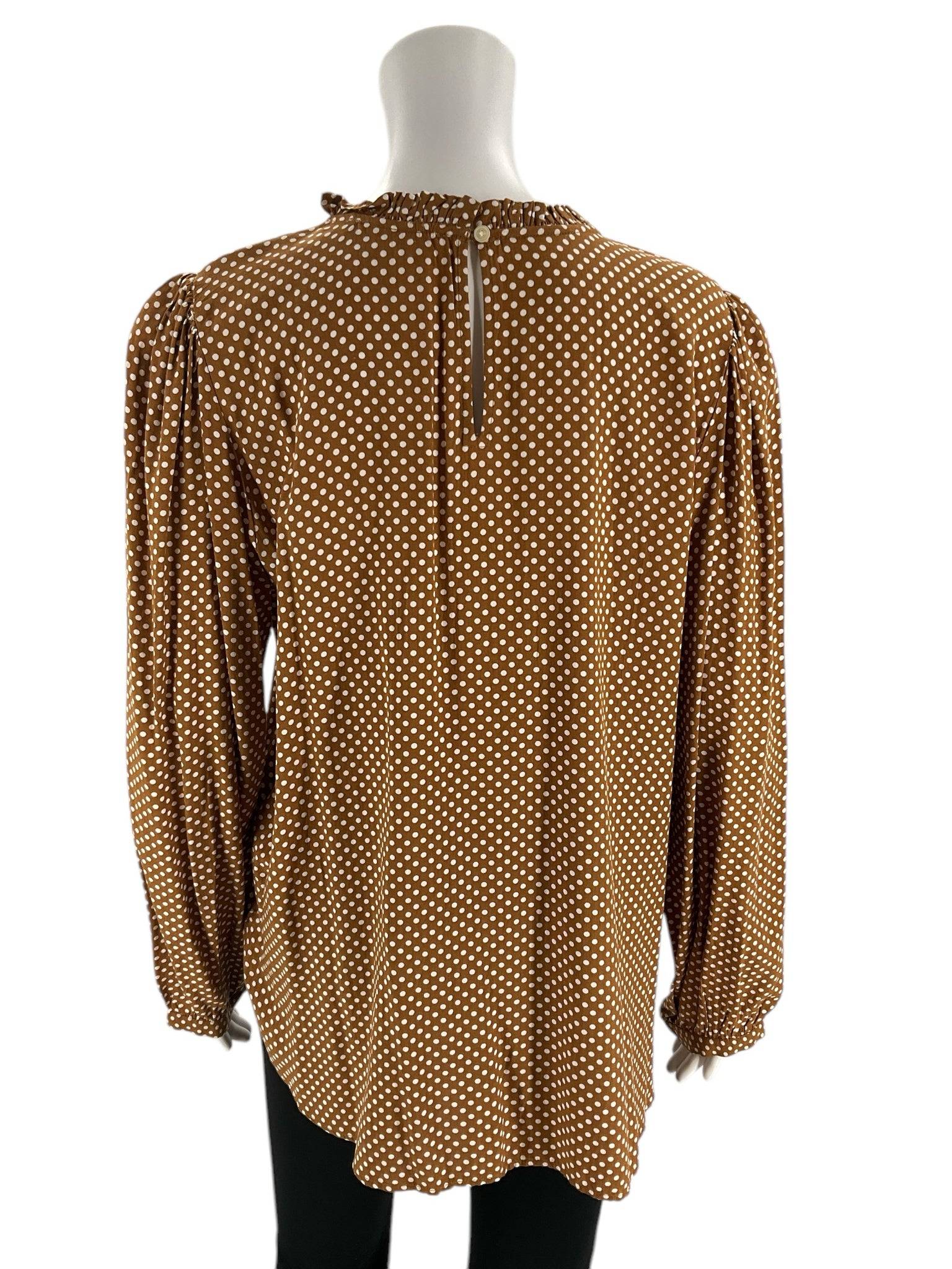 Back view of Loft Top Size Medium featuring keyhole closure and camel/cream polka dot print, sold at Margaret’s Fine Consignments.