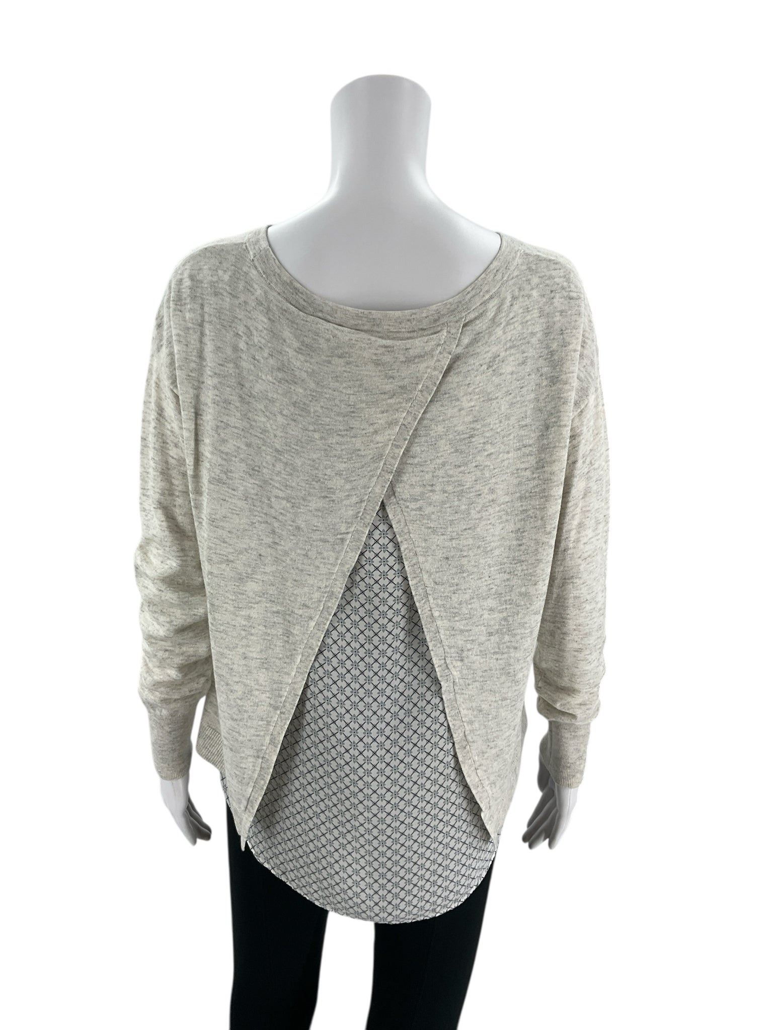 Back view of Loft Gray Solid New with Tag Pre-Owned Top - Size Small showing stylish overlapping back detail with patterned underlayer.
