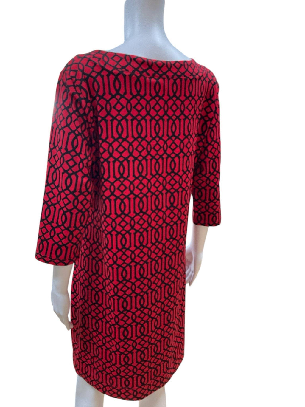 Rear angle of Lulu B Dress Size Medium showcasing red and black print and relaxed fit, offered at Margaret’s Fine Consignments.
