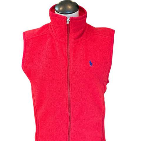 Front view of Polo Red Fleece Vest Size Medium on mannequin, featuring zip closure and embroidered logo. Shop at Margaret’s Fine Consignments.