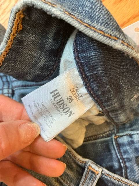 Label inside Hudson Jeans Size 4 - Distressed Denim indicating Tally Skinny fit and size 26, confirming gently used condition.