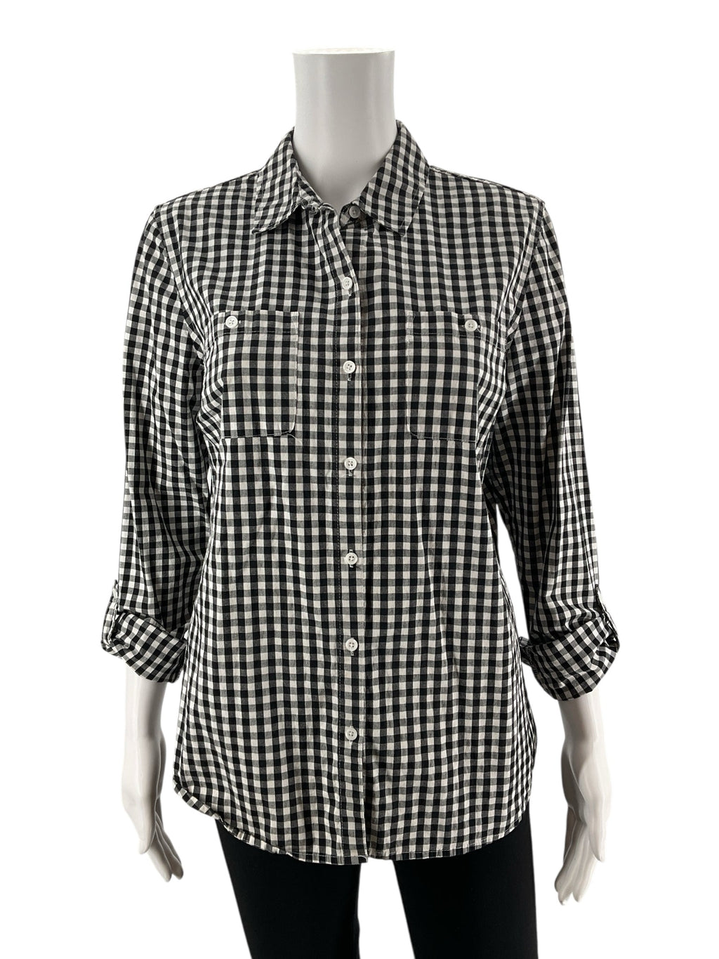 Croft & Barrow white and navy checkered button-down tunic top, size medium, featuring a classic preppy style.