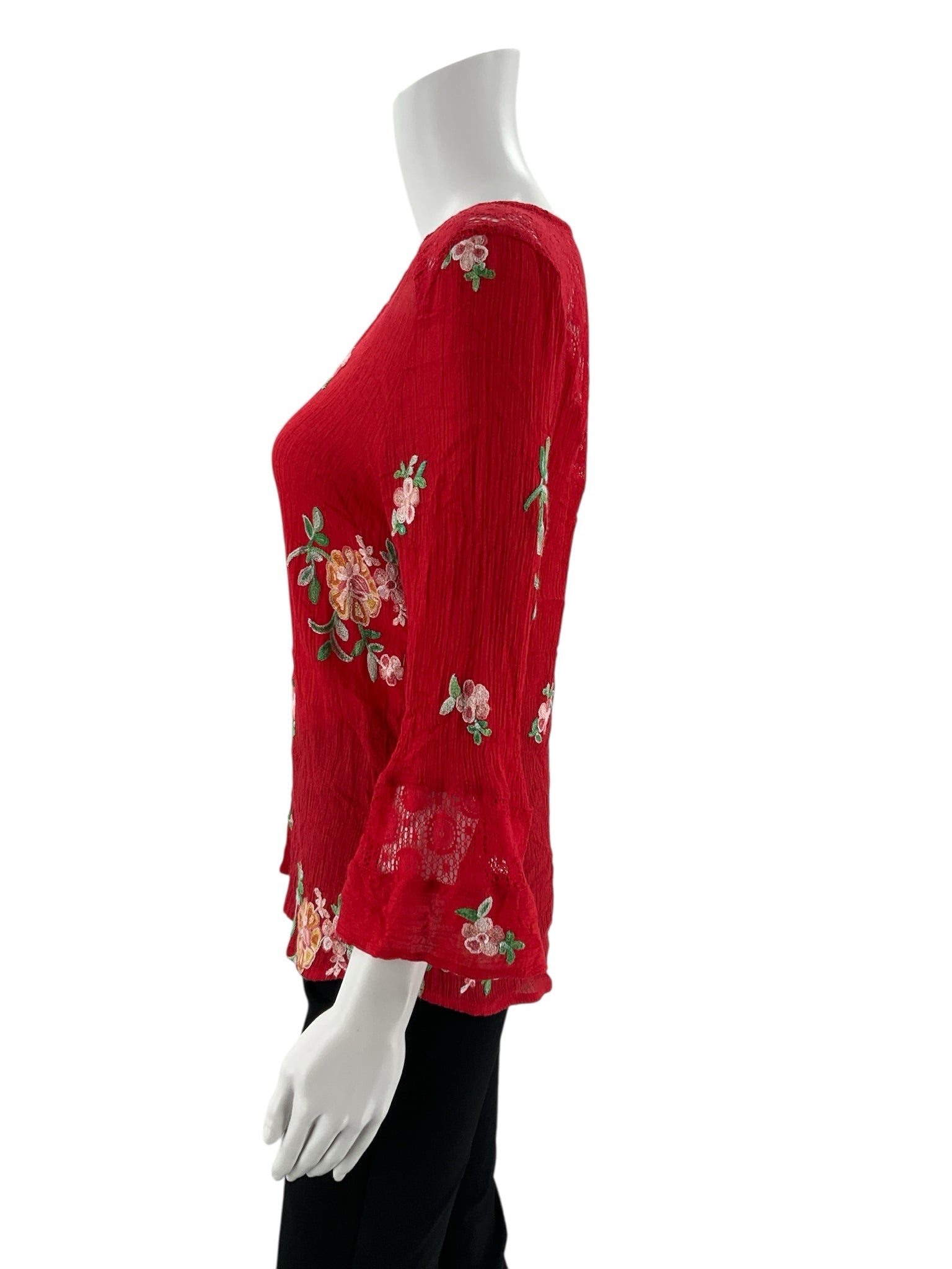 Red and multi-colored embroidered Fig & Flower ladies top, size small, featuring a boho peasant style design.