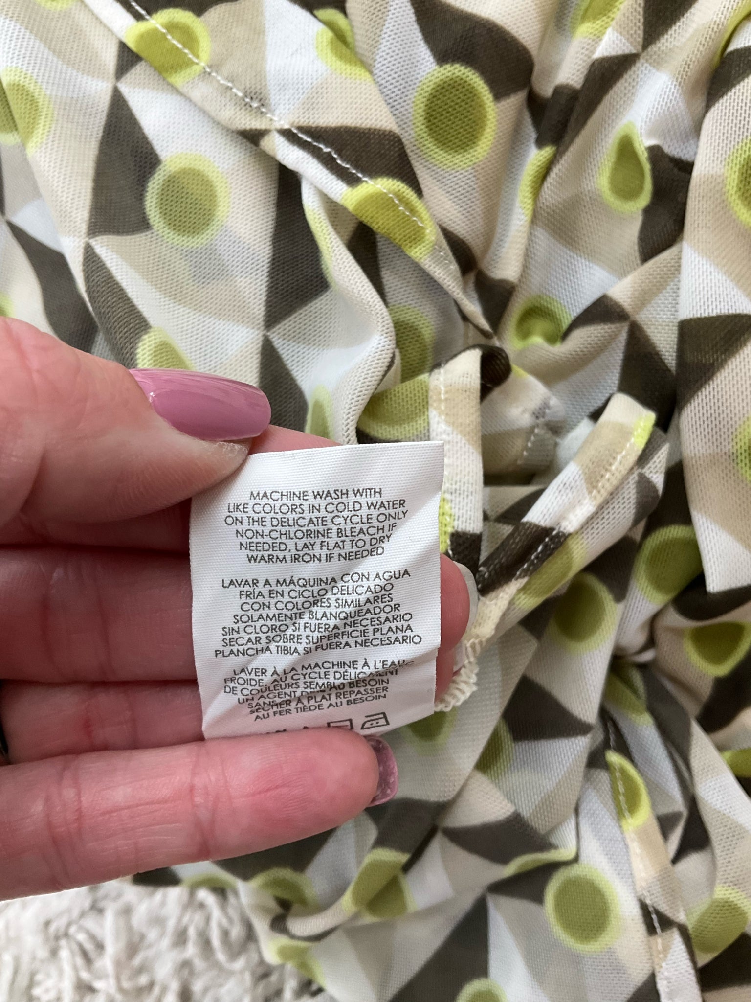 Cabi green and brown print button-down blouse, collared long sleeve shirt in size small, featuring a stylish pattern.