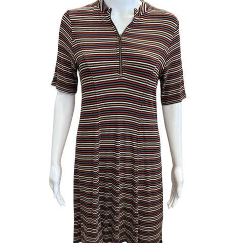 Front view of Volcom Dress Size Small in black with colorful horizontal stripes and a zippered neckline, available at Margaret’s Fine Consignments.