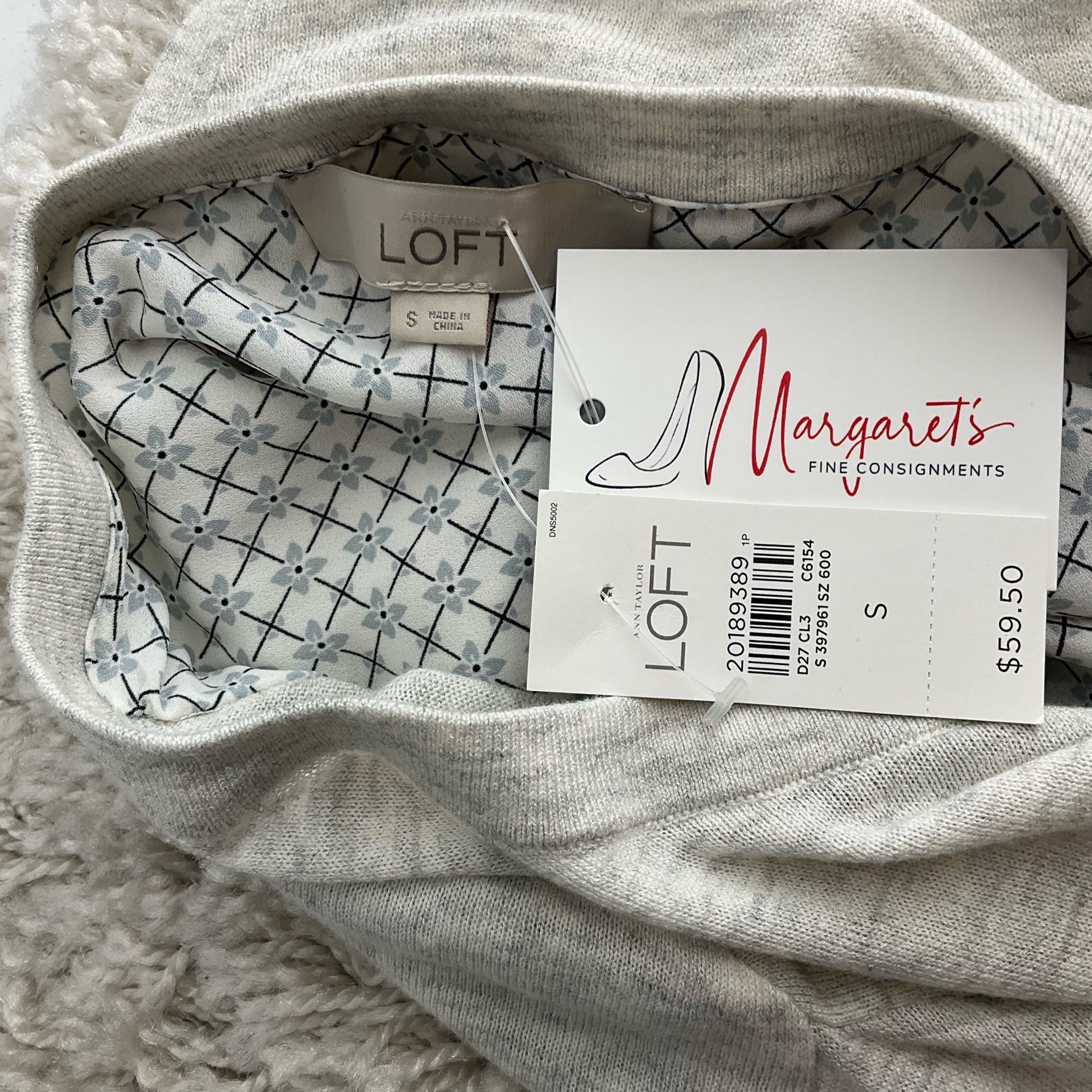 Close-up of Loft Gray Solid New with Tag Pre-Owned Top - Size Small showing original tags from Margaret's Fine Consignments and LOFT branding.