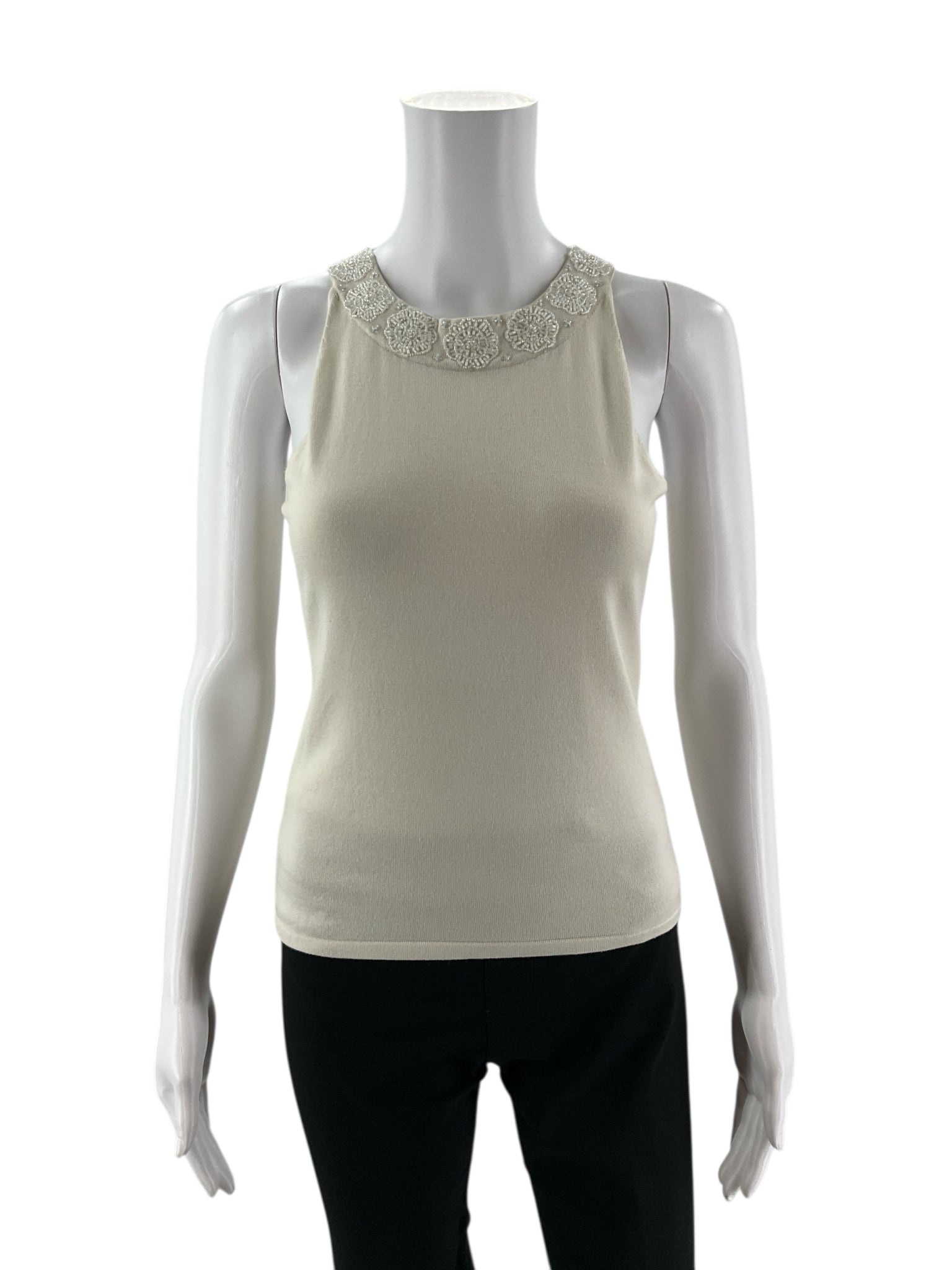 Ann Taylor Cream Beaded Pre-Owned Ladies Top - Size Small Petite