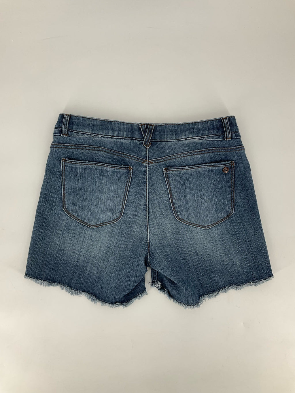 Democracy blue denim high rise shorts for women, size 8, featuring a cut-off style and classic jean design.