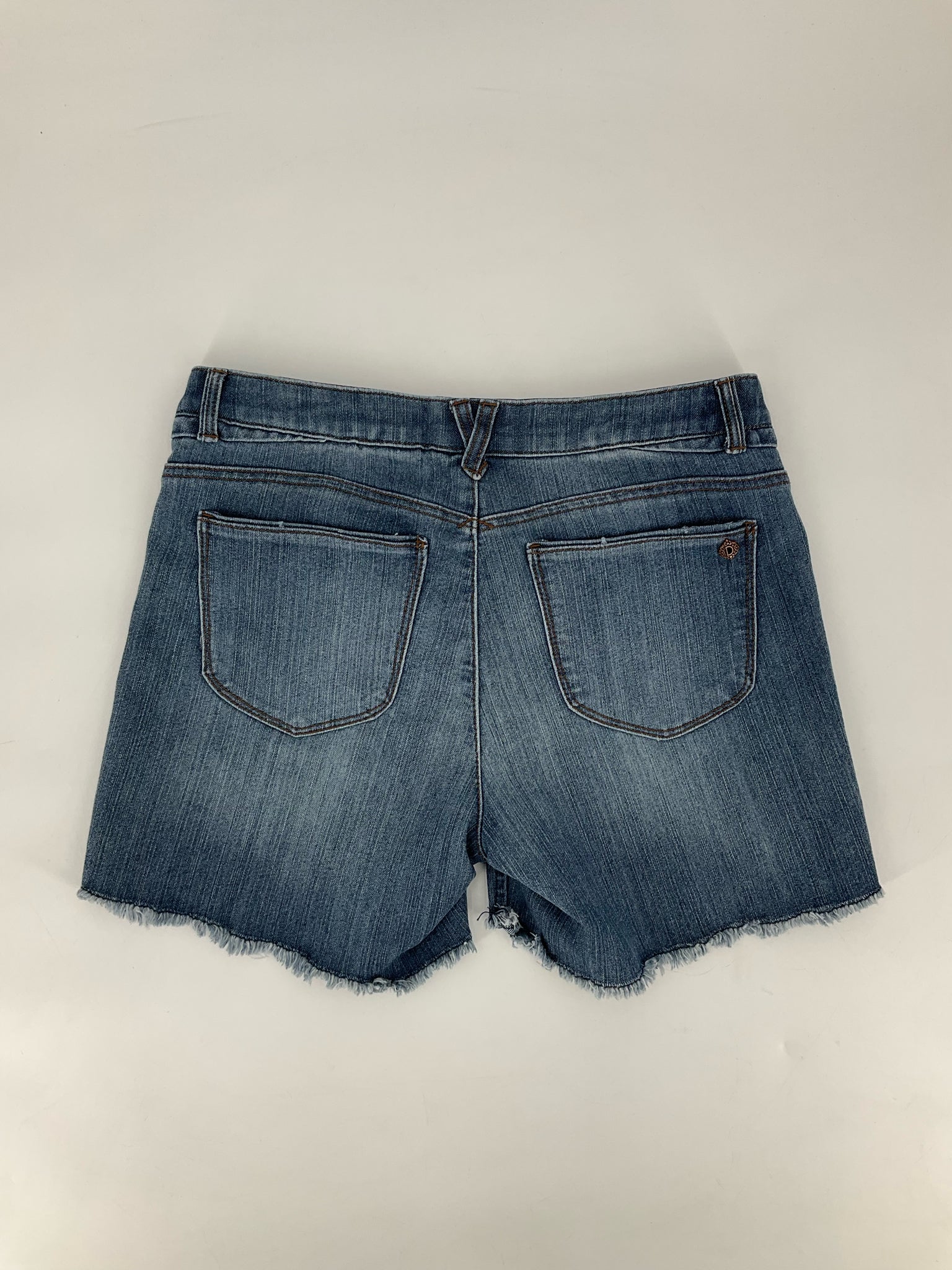 Democracy blue denim high rise shorts for women, size 8, featuring a cut-off style and classic jean design.